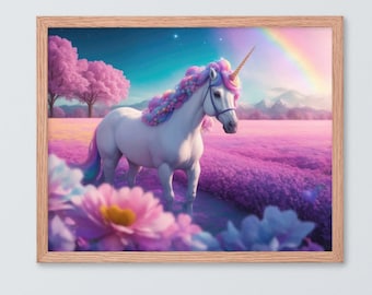 Könnte beinhalten: Ein weißes Einhorn mit einem Regenbogen-Mähne und -Schwanz steht auf einer Wiese mit lila Blumen. Ein Regenbogen spannt sich über den Kopf des Einhorns. Der Hintergrund ist ein blauer Himmel mit Sternen.