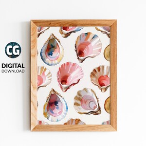 Watercolor Pastel Oyster Shell Painting | Coastal Beach Kitchen Decor | Summer Dining Room Digital Download | Nautical Seaside Wall Art
