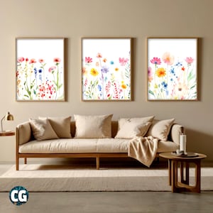 Floral Watercolor Set of 3 Print | Wildflower Field Landscape Art | Colorful Flower Wall Art Printable Bundle Digital Download