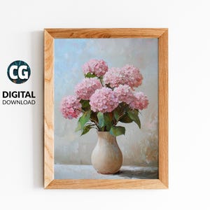 Pink Hydrangea Vintage Painting | Flower Print | Neutral Print Decor | Digital Download | Botanical Minimalist Wall Art | Floral Prints