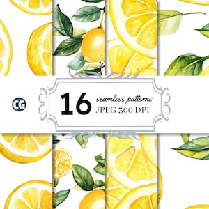 Watercolor Lemon Seamless Patterns | Summer Citrus Fruit Pattern | Lemons Digital Paper | Lemon Floral Blossom Clipart for Papers, Fabrics