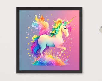 encadrée illustrée de licorne | Art mural imprimable affiche de licorne | Cadeau pour fille | Décoration murale animaux | Tableau licorne