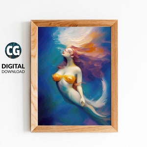 Meerjungfrau Malerei Wandkunst | Girly Wohnheim Dekor | Küsten Seelandschaft Nautische Wandkunst | Preppy Ocean Vintage Retro Sommer Vibes Kunstwerk Druck