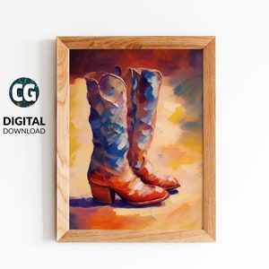 Cowgirl Boot Painting Retro Downloadable Print | Girly Western Wall Art | Vintage Pink Apartment Painting | 1950s Aesthetic Printable