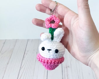 Mini Flower Pot Bunny Keychain, Cute Crochet Amigurumi Bunny, Fake Flower Stuffed Animal Bunny Keychain, Cute Bag Accessory, Kawaii Bunny