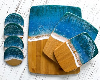 Ocean Resin Bamboo Cutting Board and Coasters Set, beach house coffee table decor, beach house decor, ocean resin epoxy decor, vsco
