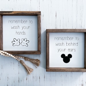 wash your hands sign, wash behind your ears sign, Mouse themed bathroom, kids farmhouse bathroom, adult farmhouse bathroom, bathroom decor