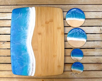 Ocean Resin Cutting Board Set | Bamboo Charcuterie Board, Coasters & Car Coasters | Beach Decor | Ready to Ship