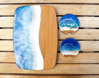 Ocean Resin Cheese Board Gift Set | Bamboo Charcuterie Board | Matching Car Coasters | Coastal Kitchen Decor | Handmade Gift