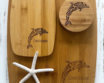 Personalized Ocean Bamboo Cutting Board and Coasters Set, Dolphin, Ocean Cheese Board, Ocean Coasters Set, Ocean Charcuterie, Ocean