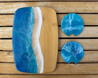 Ocean Resin Cheese Board Gift Set | Bamboo Charcuterie Board | Matching Car Coasters | Coastal Kitchen Decor | Handmade Gift