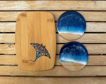 Ocean Resin Manta Ray Cheese Board & Coaster Set | Bamboo Charcuterie Board | Beach House Decor | Ready to Ship