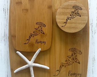Personalized Ocean Bamboo Cutting Board and Coasters Set, Hammerhead Shark, Ocean Cheese Board, Ocean Coasters Set, Ocean Charcuterie, Ocean