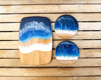 Ocean Resin Cheese Board & 2 Coaster Set Bamboo Serving Board Beach Decor