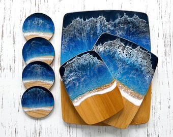 Ocean Resin Bamboo Cutting Board and Coasters Set, beach house coffee table decor, beach house decor, ocean resin epoxy decor, vsco