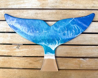Ocean Resin Whale Tail Wall Art | Handmade Coastal Whale Decor | Beach House Nautical Wood Wall Hanging | Ready to Ship