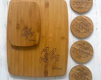 Personalized Ocean Bamboo Cutting Board and Coasters Set, Sea Turtle, Ocean Cheese Board, Ocean Coasters Set, Ocean Charcuterie, Ocean