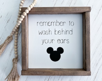 wash your hands sign, wash behind your ears sign, Mouse themed bathroom, kid's farmhouse bathroom, adult farmhouse bathroom, bathroom decor
