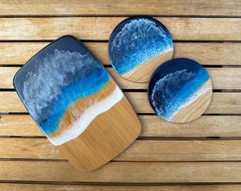 Ocean Resin Cheese Board & 2 Coaster Set Bamboo Serving Board Beach Decor
