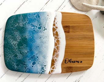ocean epoxy resin customizable bamboo cutting board, ocean resin charcuterie board, epoxy resin cheese board, personalize cutting board