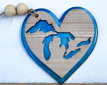Great Lakes Ornament, Michigan Christmas Ornament, Blue Resin Wood Heart Ornament, Great Lakes Gift, Lake Lover Gift, Michigan Home Decor