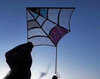Stained Glass Corner Web w/ Spider Suncatcher (Handmade)
