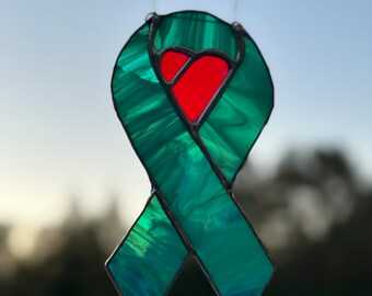 Stained Glass Cancer Ribbon with Heart Center Suncatcher (Handmade)