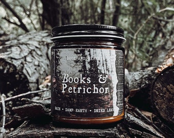 Books and Petrichor candle | the smell of earth after rain | natural candle | homesteading, gifts for artists, gifts for book lovers