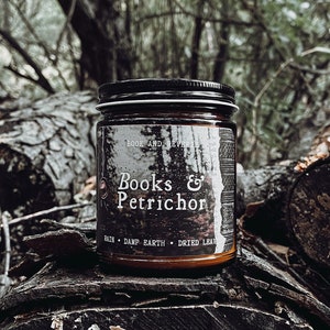 Books and Petrichor candle | the smell of earth after rain | natural candle | homesteading, gifts for artists, gifts for book lovers