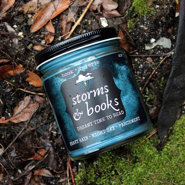 STORMS AND BOOKS: book candle, smells like rain, petrichor, after the rain, book lovers, bookish, unique gifts,