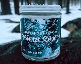 Beware The Lure of Winter Woods | snow, birch trees, witch's incense | magical candle, witch candle, green witch, witchy gift