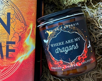 Where Are My Dragons candle | tobacco, toffee, cologne | Fourth Wing candle, Iron Flame, Dragon Rider, gifts for readers, bookish