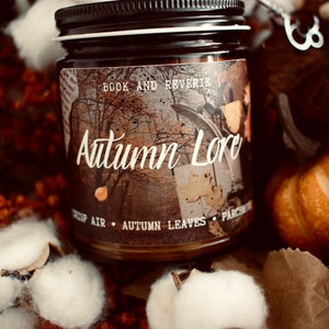 Autumn Lore: autumn candles, fall candles, autumn decor, cottagecore, gifts for readers, book lovers gifts, nerdy gifts, book and reverie