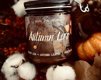 Autumn Lore: autumn candles, fall candles, autumn decor, cottagecore, gifts for readers, book lovers gifts, nerdy gifts, book and reverie