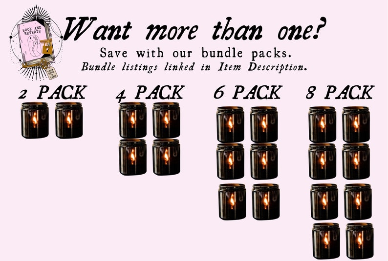 May include: Image shows multiple black candles in various pack sizes: 2, 4, 6, and 8. Each candle has a glowing flame. Text at the top reads "Want more than one?" and "Save with our bundle packs."