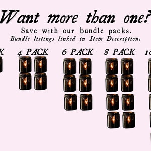 May include: Image shows multiple sets of black candles in jars, arranged in packs of 2, 4, 6, 8, and 10. The text "Want more than one? Save with our bundle packs" is displayed above the candle packs. The text "Bundle listings linked in Item Description" is also present.