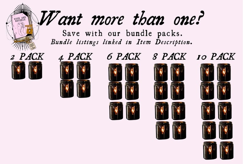 May include: Image shows multiple sets of black candles in jars, arranged in packs of 2, 4, 6, 8, and 10. The text "Want more than one? Save with our bundle packs" is displayed above the candle packs. The text "Bundle listings linked in Item Description" is also present.