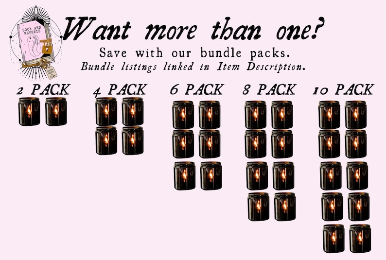 May include: Image shows multiple black jar candles in various bundle packs: 2, 4, 6, 8, and 10 packs. Text reads "Want more than one? Save with our bundle packs. Bundle listings linked in Item Description."