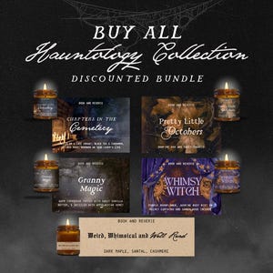 May include: A collection of five amber glass jar candles with lit wicks, labeled Chapters in the Cemetery, Pretty Little Octobers, Granny Magic, Whimsy Witch, and Weird, Whimsical and Well Read, presented as a bundle with text overlays.