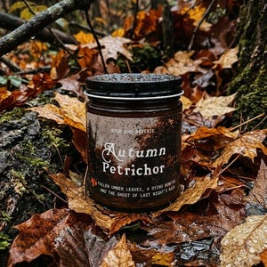 May include: A cylindrical glass candle jar with a black lid, featuring a label that reads Book and Reverie, Autumn Petrichor, Fallen Umber Leaves, A Dying Bonfire and the Ghost of Last Night's Rain, covered in small water droplets.