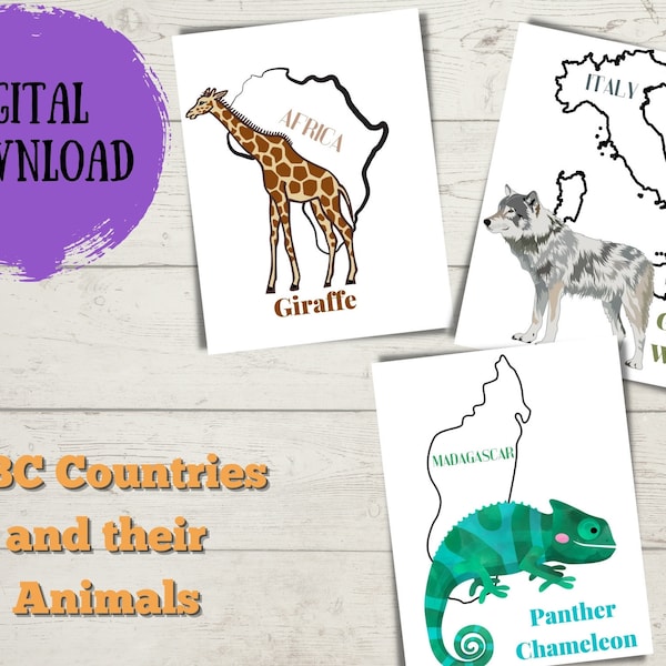 Printable Alphabet Countries and their Animals-Learning about Countries and ABC's Flashcards-Preschool,Homeschool, Kindergarten and Daycare