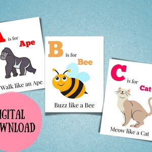 26 páginas de movimento animal ABC para impressão para crianças, cartões ABC Flash para pré-escola, jardim de infância, educação domiciliar e creche