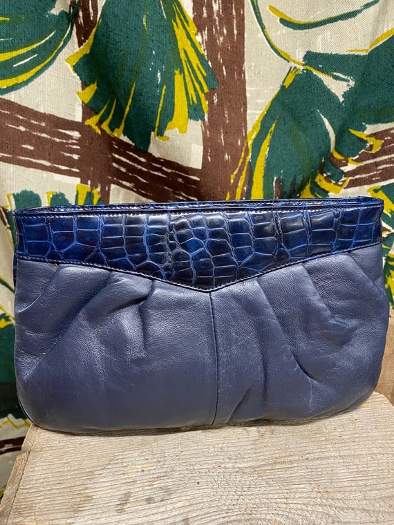 Vintage Blue Leather Faux Alligator Clutch Purse