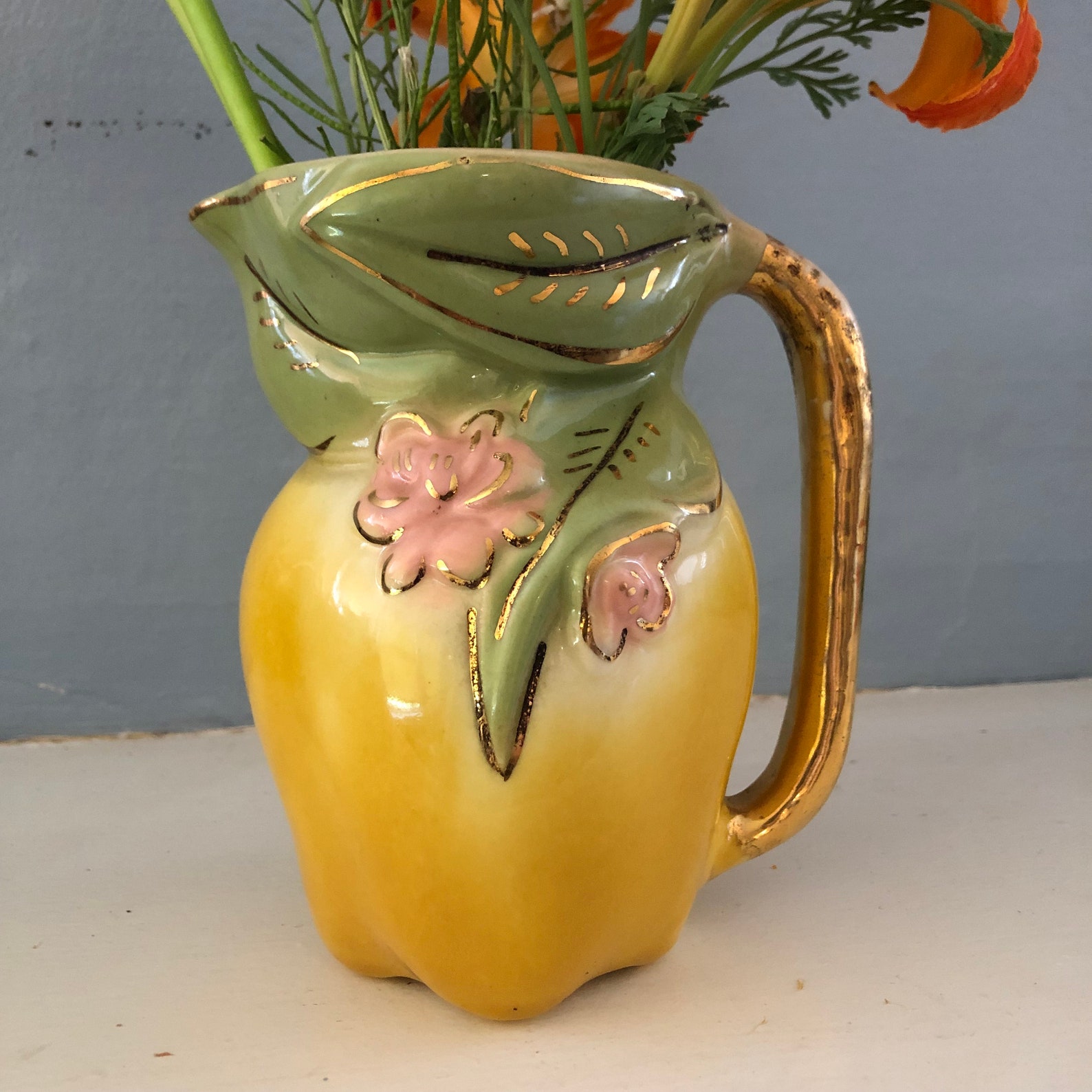 Midcentury American Bisque Apple Pear Pitcher Vase With Gold Etsy