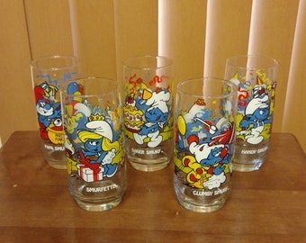 Vintage 1982 Smurf Glasses Cups Smurfette Handy Smurf Peyer Wallace Berrie /& Co