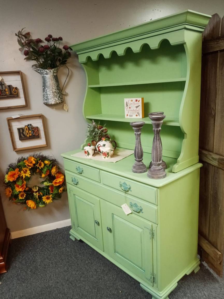 Farmhouse Green China Hutch Cabinet Green Blue Painted 2 piece | Etsy