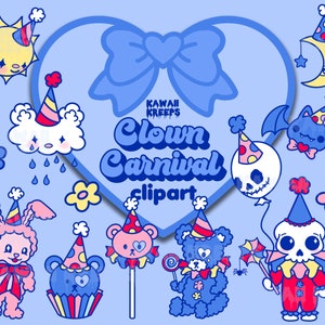 Clowncore Pastel Goth Clipart Pegatinas Digitales Kawaii Payasos Carnaval Circo Babycore Kidcore Peluche Oso de Peluche Azul Rojo Licencia Comercial