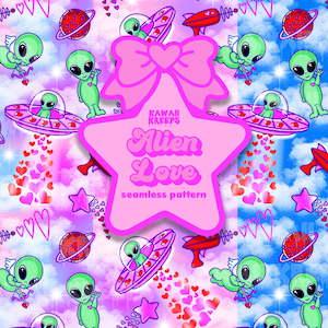 Alien Valentijnsdag Naadloos patroon UFO Heelal Melkwegstelsel Kosmische planeet Cupido Buitenaards Cryptid Sciencefiction