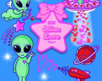Alien Valentine Clipart: Kawaii UFO, Cupid, Planet PNG (Digital Download)