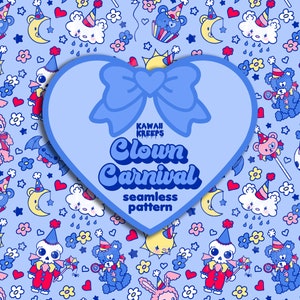 Clowncore Pastel Goth Padrão Sem Costura Kawaii Palhaços Carnaval Circo Babycore Kidcore Doodle Pelúcia Urso de Pelúcia Azul Licença Comercial